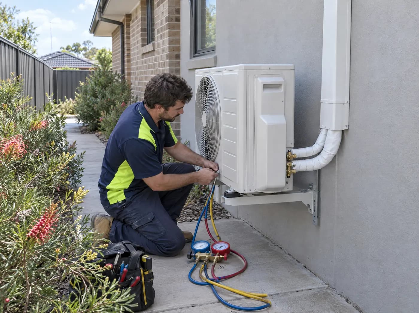 Air conditioning installer connecting gauges to a new split system outdoor unit on the side wall of a brick house