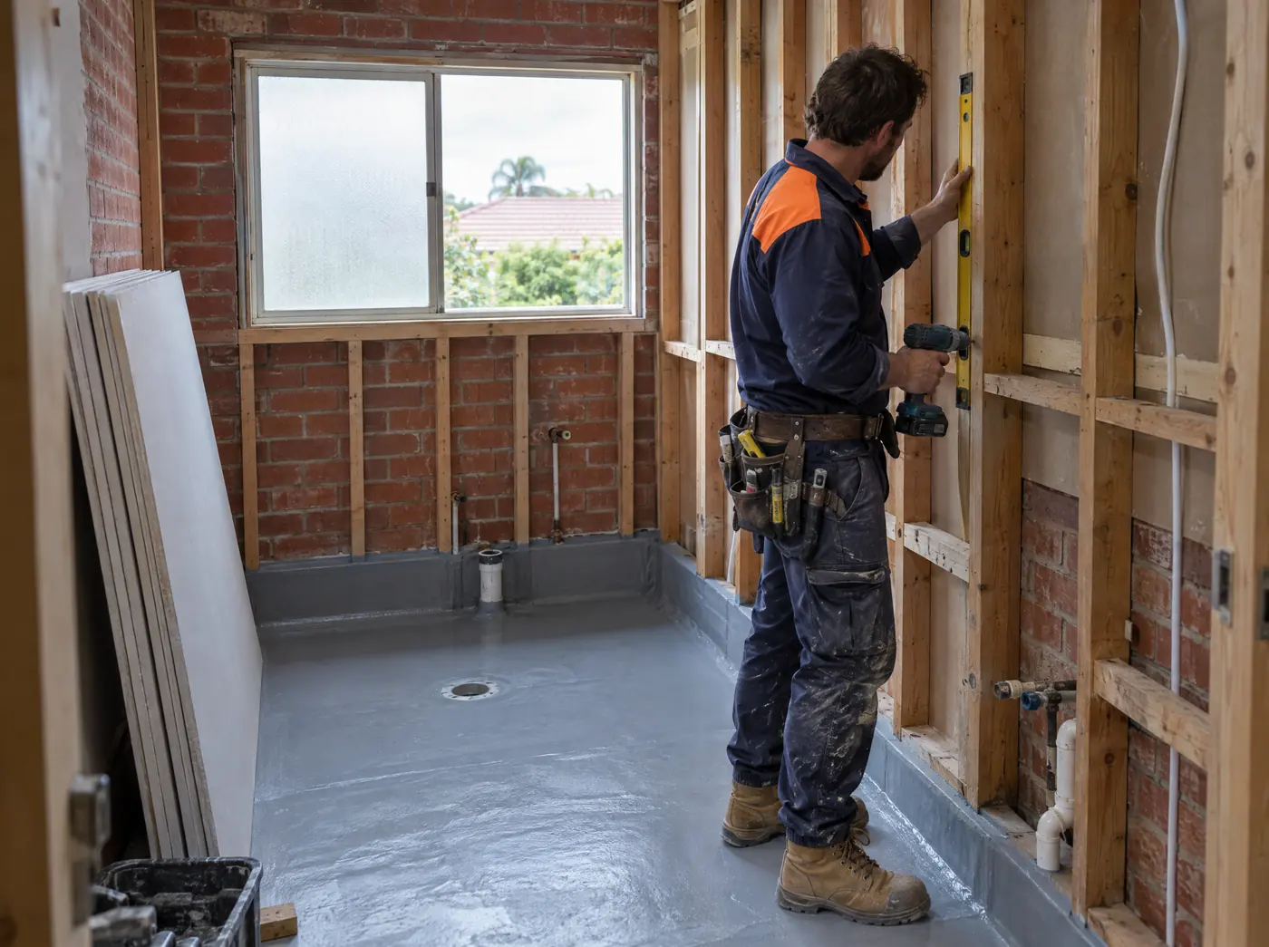 Builder in a work shirt checking a timber wall frame with a spirit level in a brick bathroom renovation, waterproofing on the floor