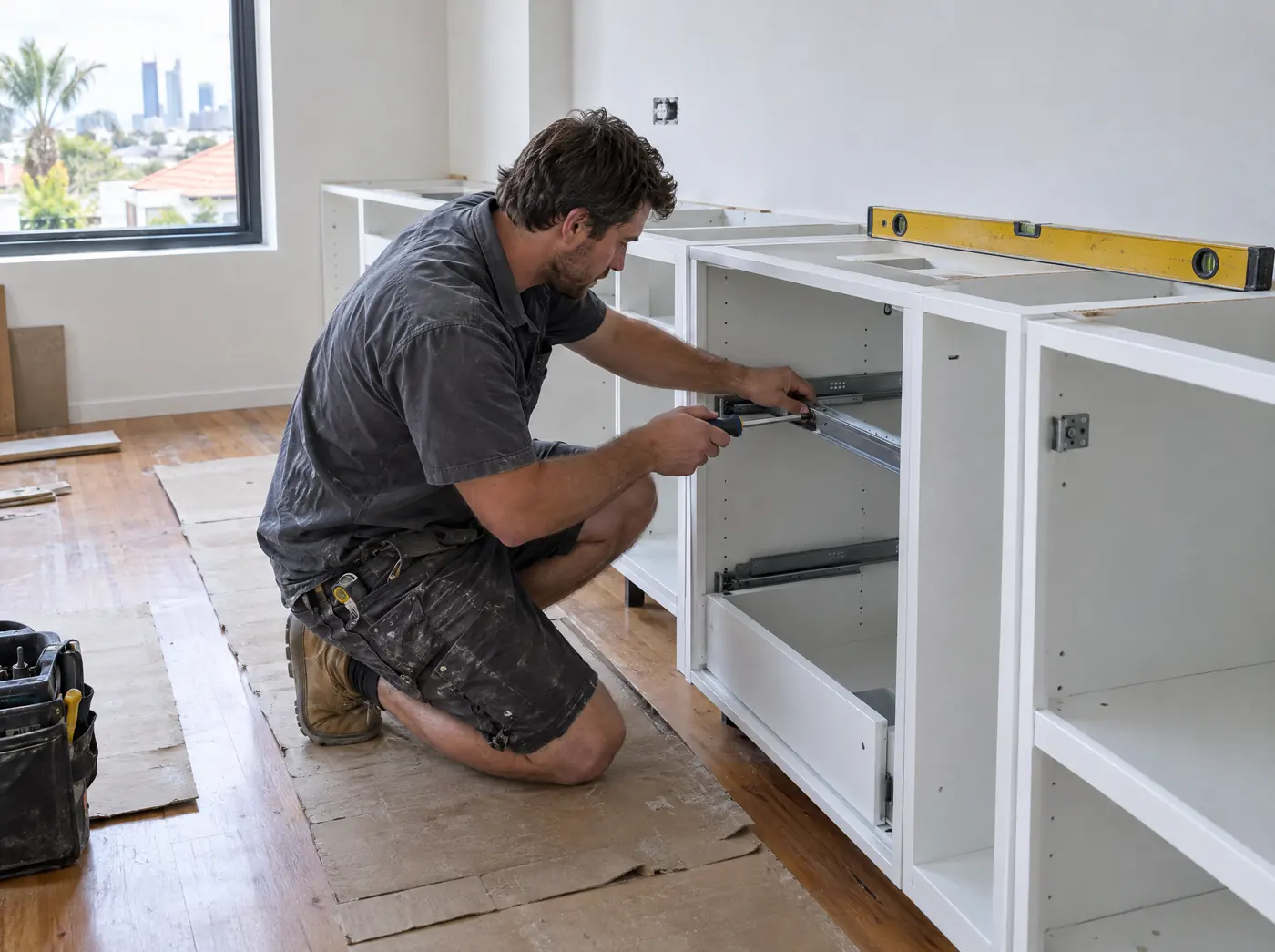 Cabinetmaker fitting a drawer runner in new white kitchen cabinets before the benchtop goes on