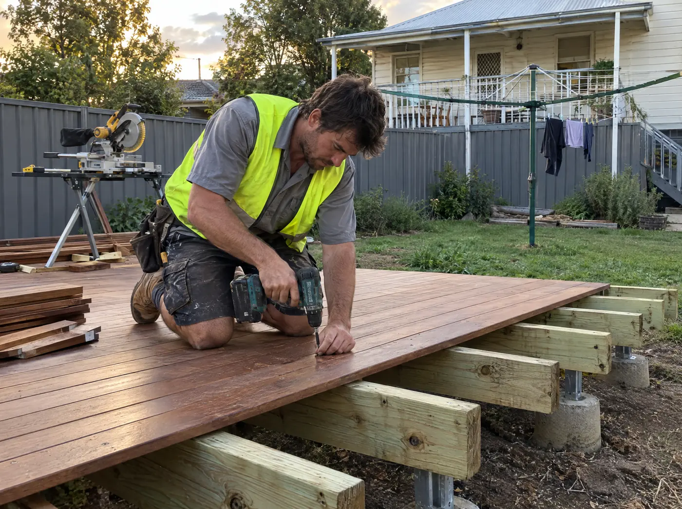 Deck builder screwing down hardwood decking boards on a new backyard deck