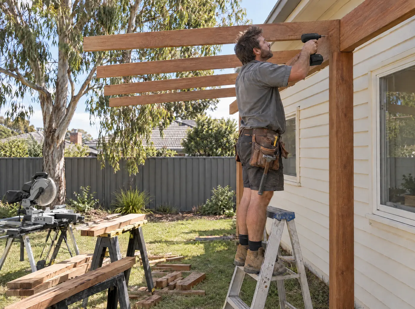 Carpenter on a step ladder fixing a hardwood pergola rafter beside a weatherboard house, drop saw and offcuts on the lawn