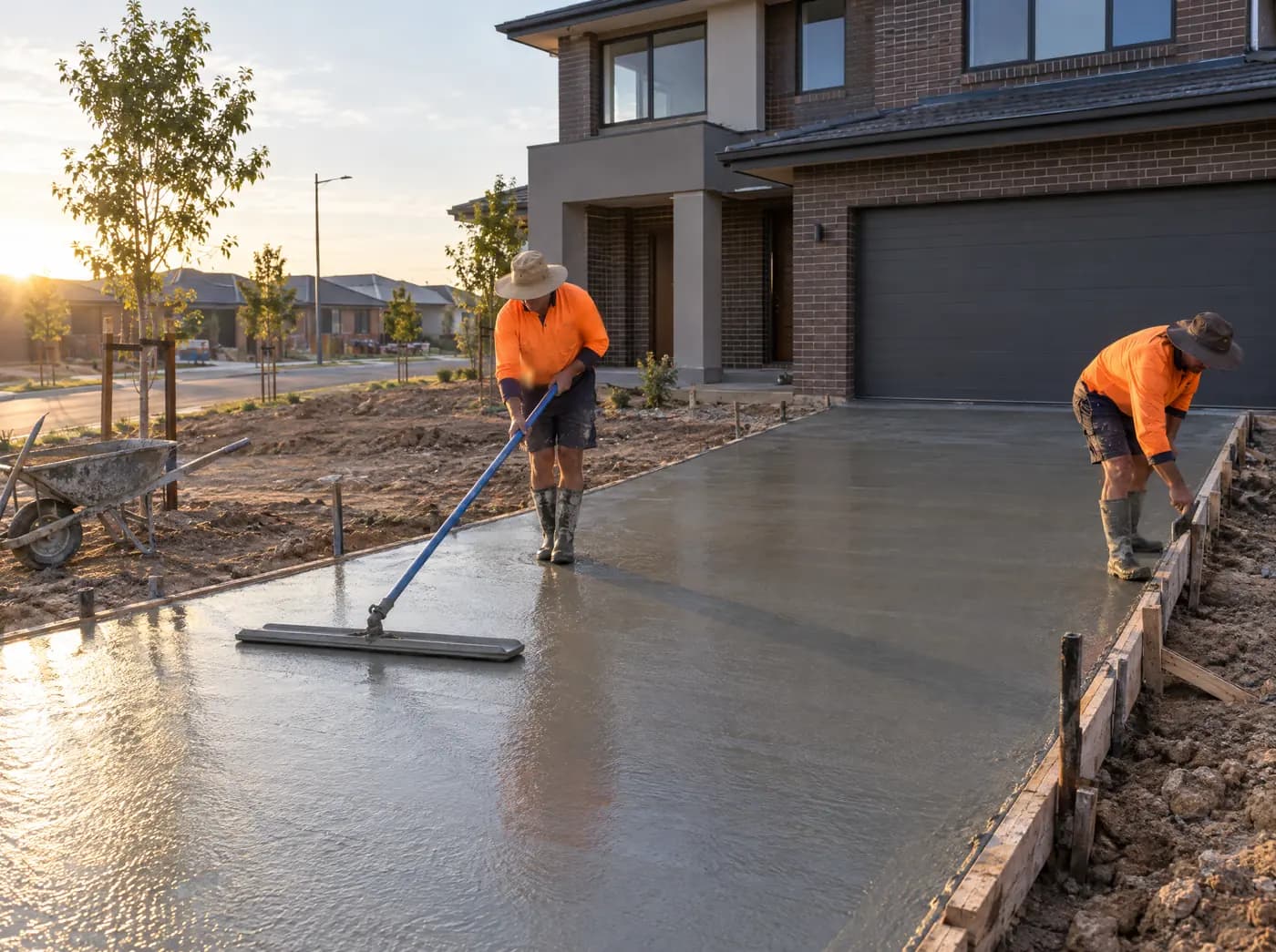 Two concreters in hi-vis bull floating and edging a freshly poured concrete driveway at a new house