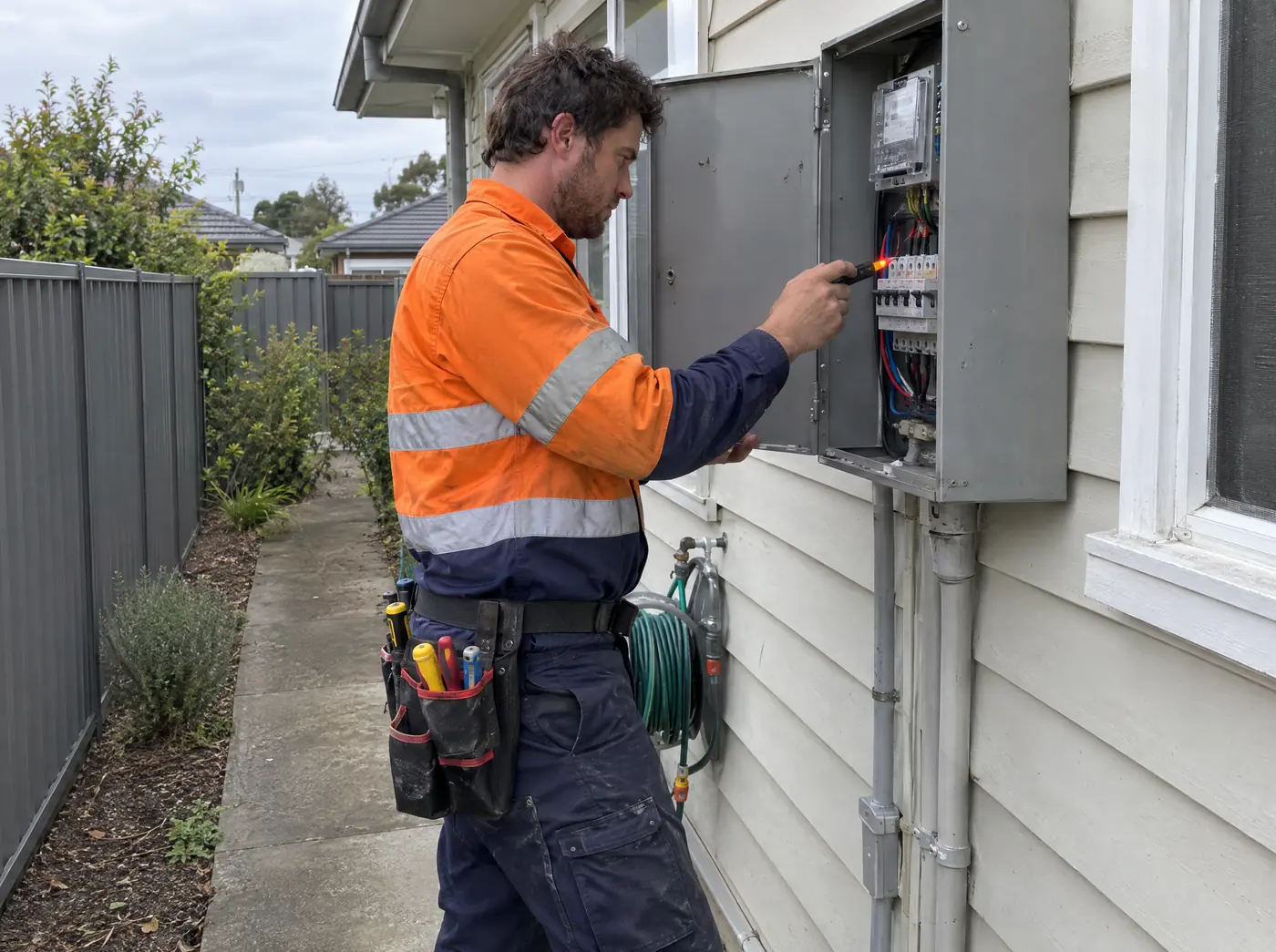 Electrician in hi-vis testing a switchboard in the meter box of a weatherboard house