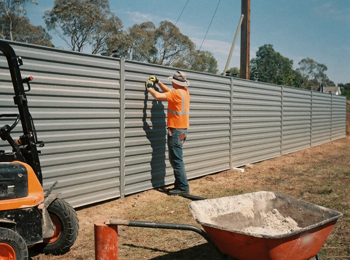 Fencer fitting a grey Colorbond steel fence panel along a backyard boundary