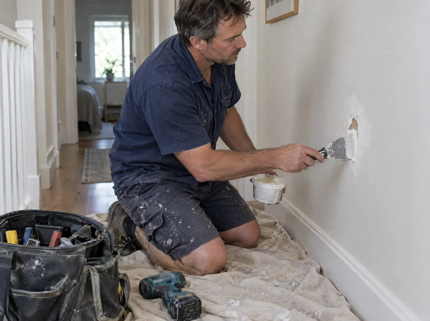 Handyman kneeling on a drop sheet patching a hole in a plasterboard hallway wall