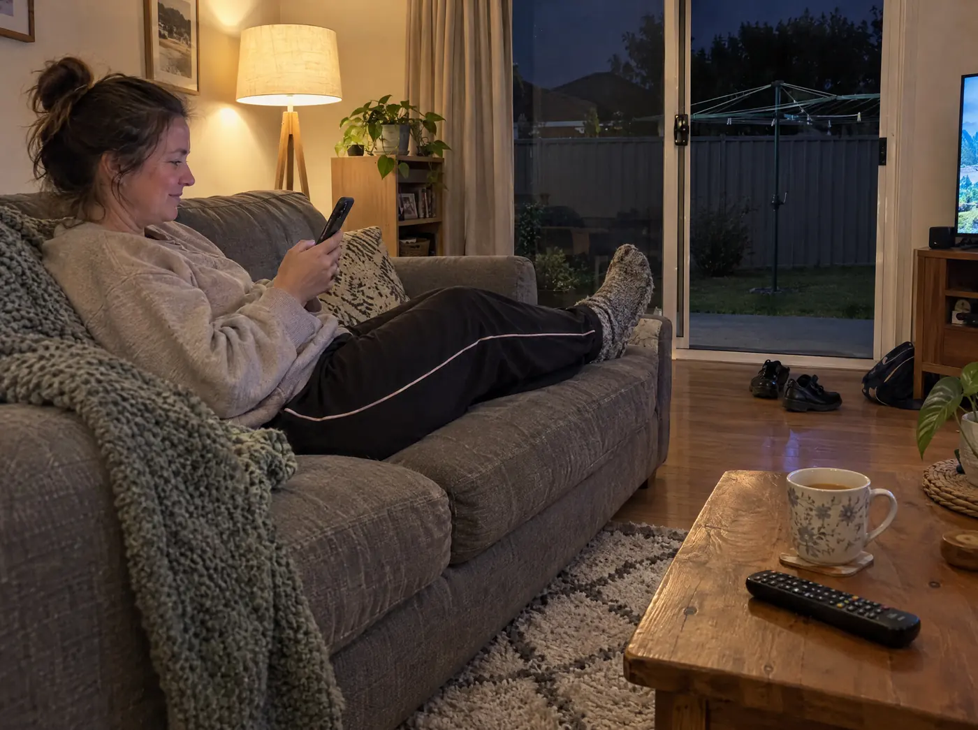Homeowner with her feet up on the couch at night, reading a quote on her phone