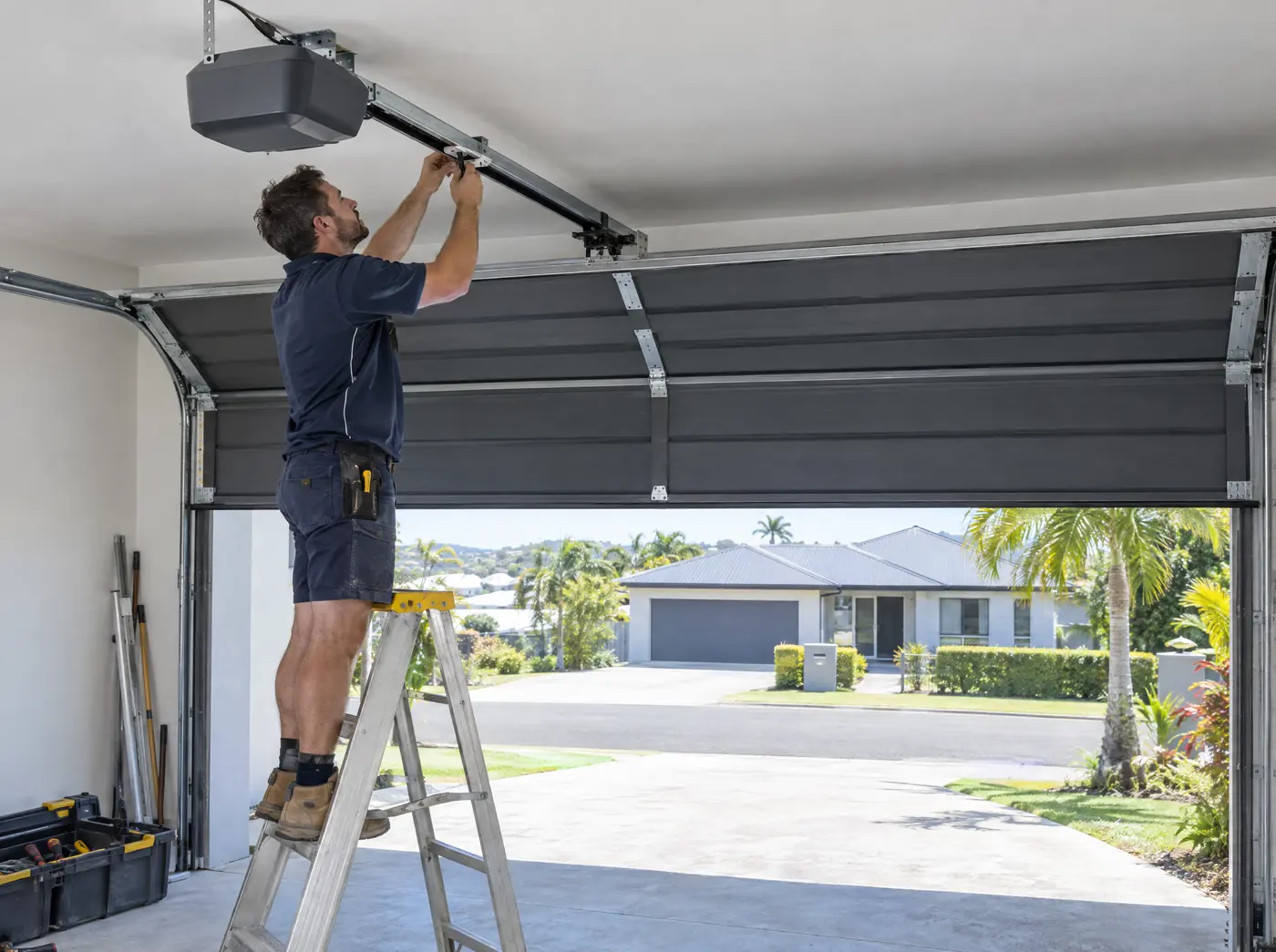 Garage door installer on a ladder fitting the opener rail above a new sectional garage door in a double garage