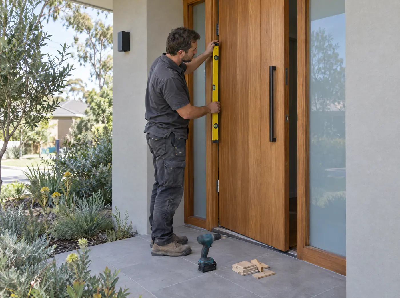 Door installer checking a tall timber front entry door with a spirit level on the porch of a rendered house