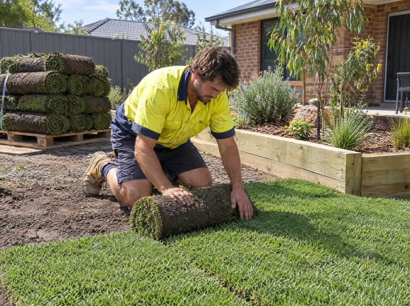Landscaper in hi-vis rolling out fresh turf in a backyard beside new sleeper garden beds