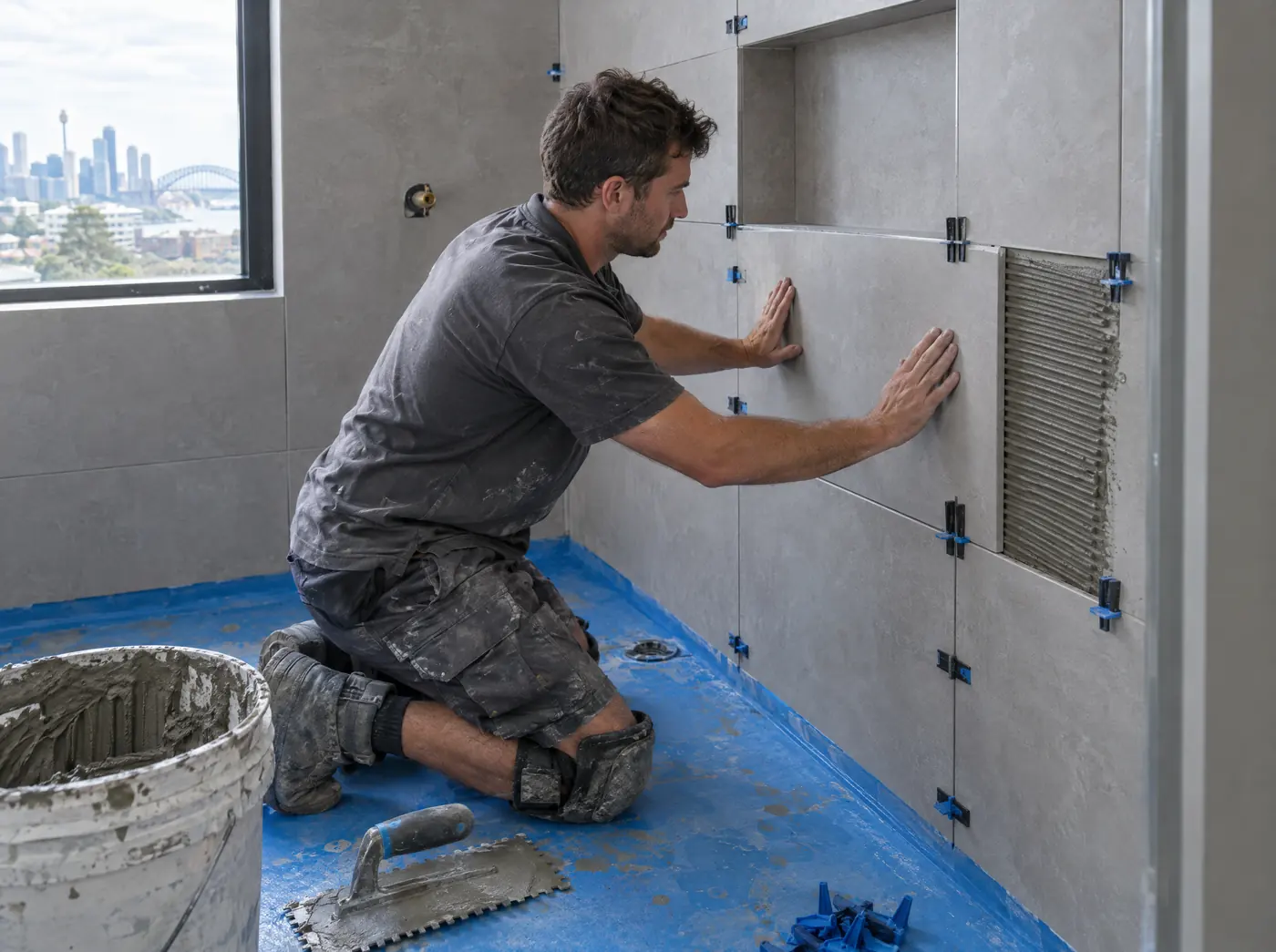 Tiler pressing a large porcelain tile onto the wall of a shower recess, levelling clips between the tiles